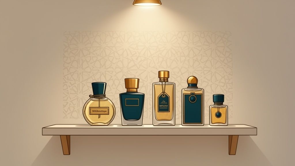 Five decorative perfume bottles with gold and blue accents arranged on a wooden shelf under warm light.
