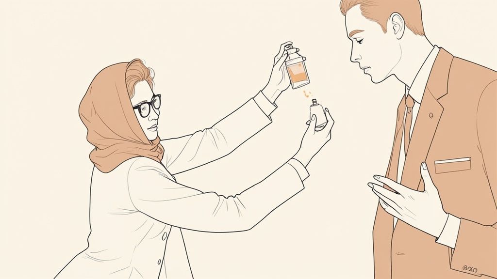Illustration of a woman in a headscarf pouring liquid, observed by a man in a suit.
