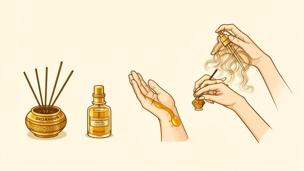 Illustration of oud incense, perfume spray, and traditional oil application for body and hair.