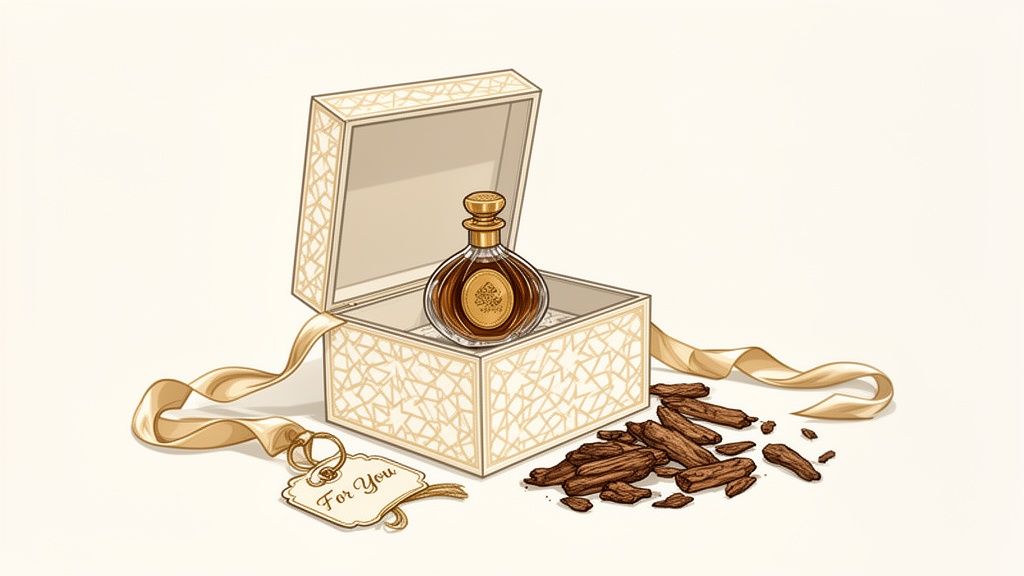 An elegant gift box with an oud perfume bottle, golden ribbon, 'For You' tag, and agarwood pieces.