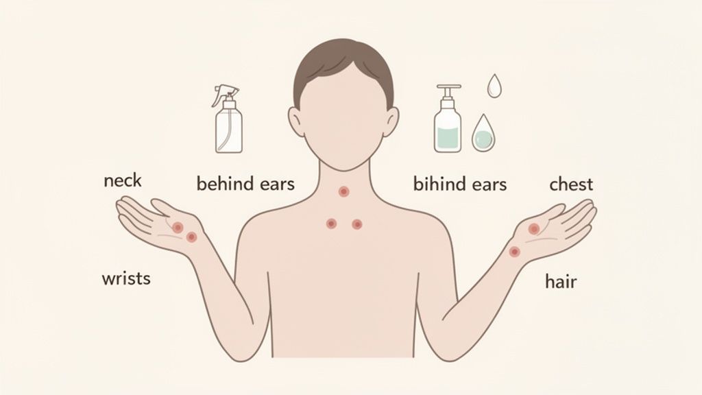 Illustration of a human torso highlighting key body points for perfume application, including neck, wrists, chest, behind ears, and hair.