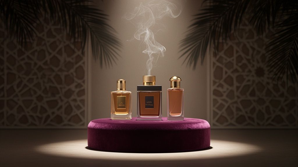 Three luxury perfume bottles on a purple velvet stand with smoke, in an elegant setting.