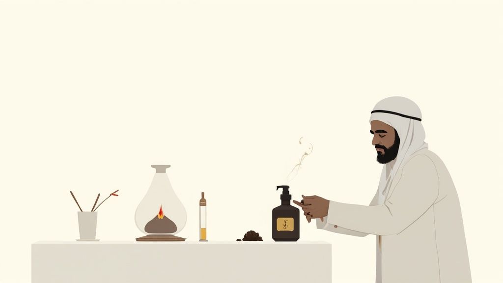 An Arab man in traditional attire prepares oud wood and fragrance items on a table.