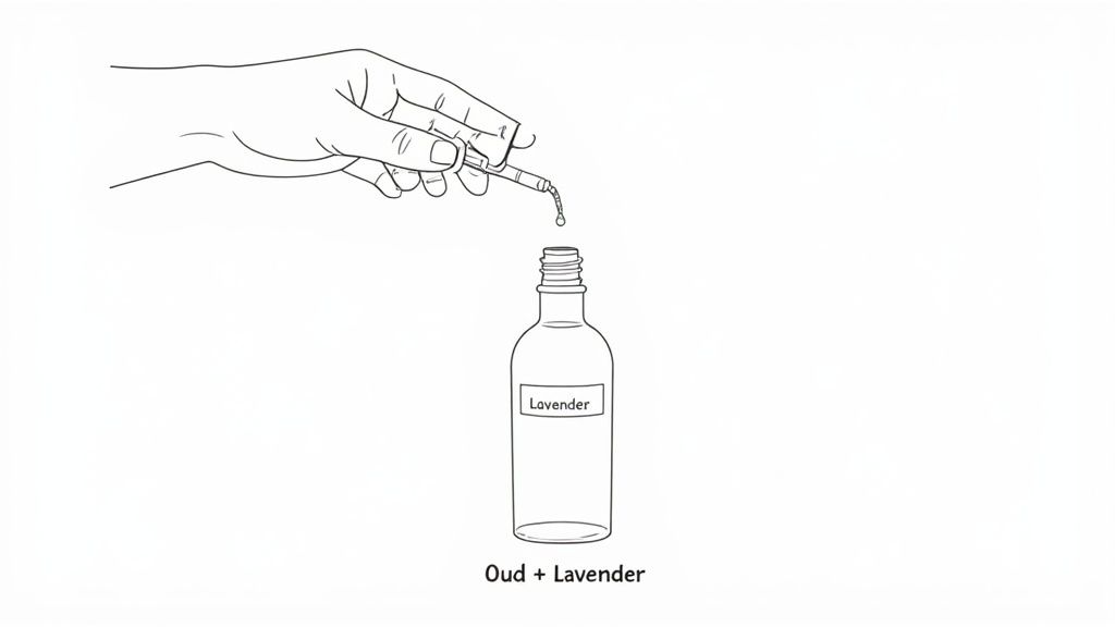 A hand uses a dropper to add liquid into a 'Lavender' bottle, creating an Oud + Lavender blend.