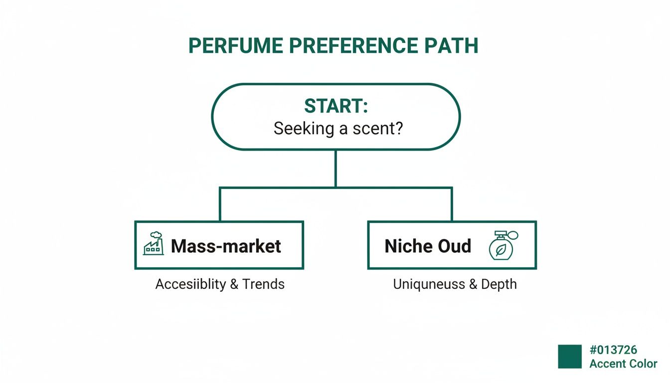 Flowchart showing a perfume preference path, choosing between mass-market scents for accessibility or niche oud for uniqueness.