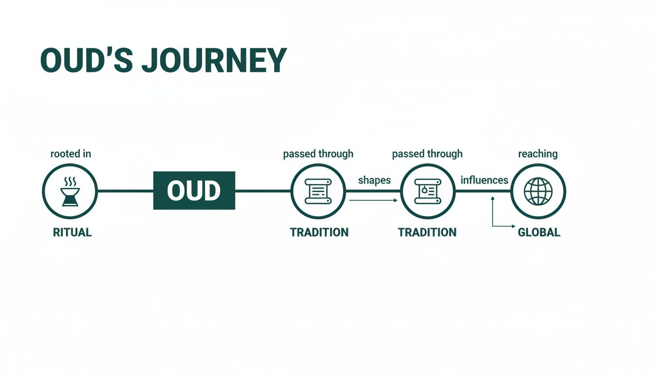 Diagram illustrating Oud's journey from its roots in ritual and tradition to global influence.