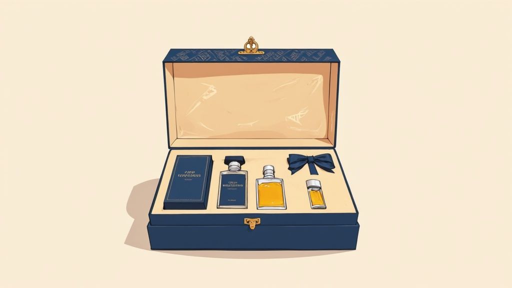 A stylishly arranged men's fragrance gift set with grooming accessories.