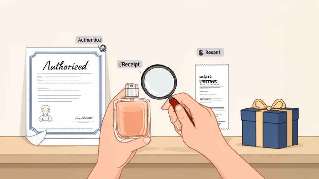 Hands inspecting a perfume bottle with a magnifying glass, verifying authenticity with a certificate and receipt.