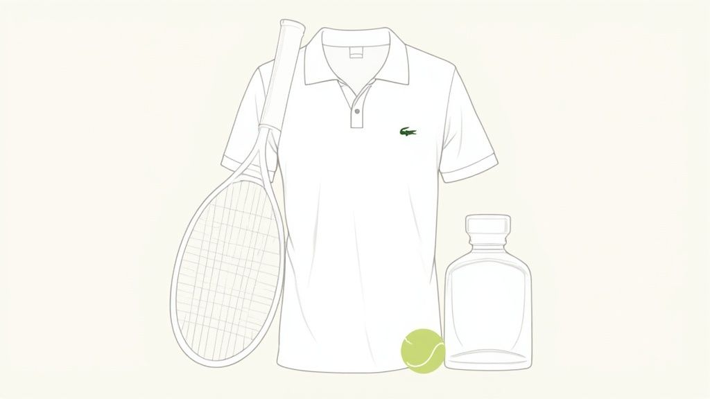 René Lacoste, the founder of the brand, standing on a tennis court holding a racket.