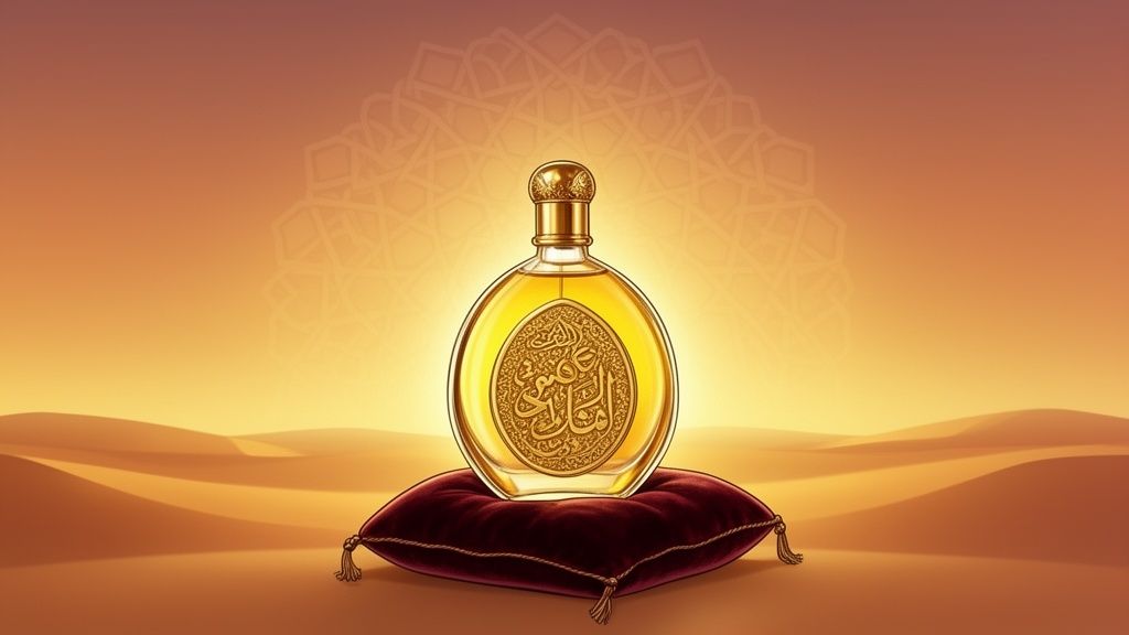 A luxurious golden oud wood perfume bottle with Arabic calligraphy on a red velvet pillow in a desert landscape.