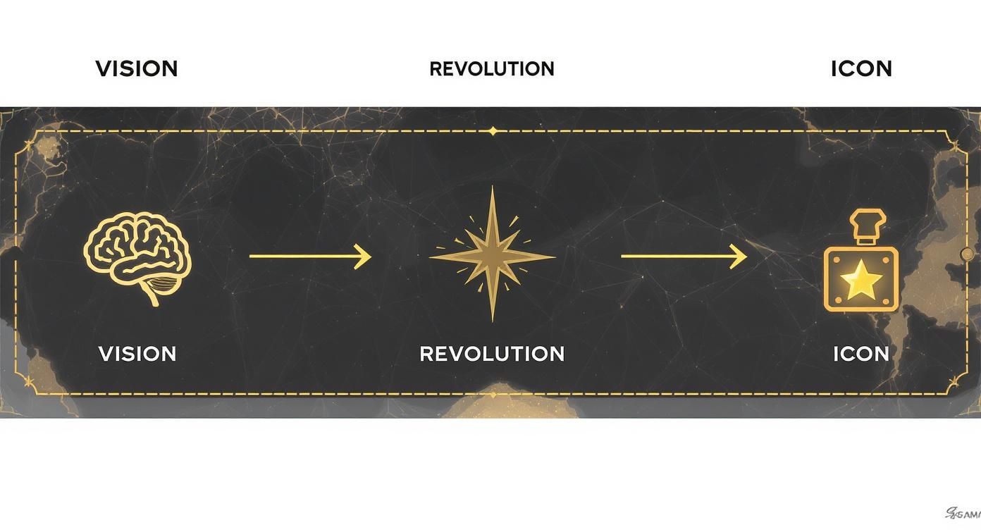 A golden diagram illustrating the journey from vision (brain) through revolution (star) to becoming an icon (perfume bottle).