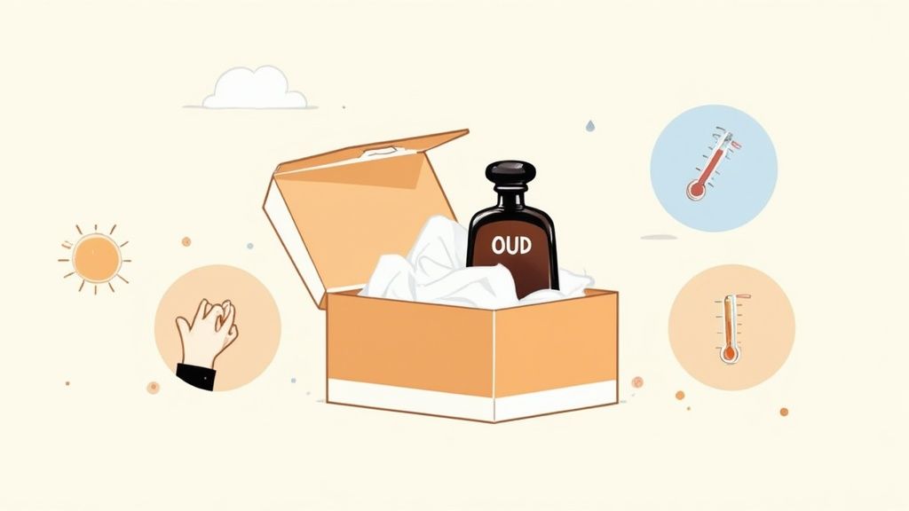 Oud perfume bottle in gift box with temperature and sunlight protection icons illustration
