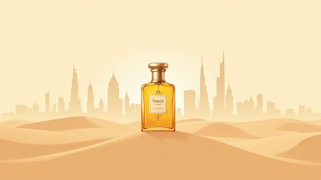 Golden perfume bottle in a desert with sand dunes and a Dubai-like city skyline silhouette.