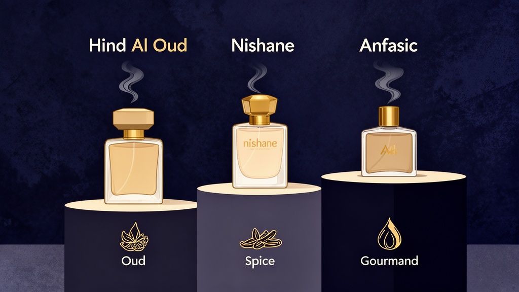 Three perfume bottles representing Hind Al Oud (Oud), Nishane (Spice), and Anfasic (Gourmand) fragrances.