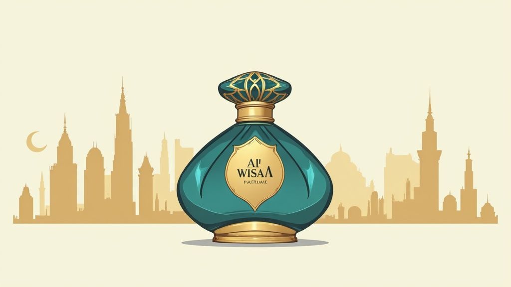 A stylish bottle of Al Wisam Rasasi perfume displayed on a reflective surface