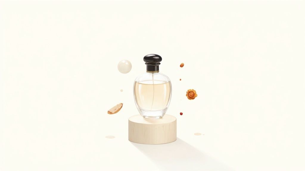 An elegant perfume bottle with a black cap on a wooden stand, surrounded by abstract elements.