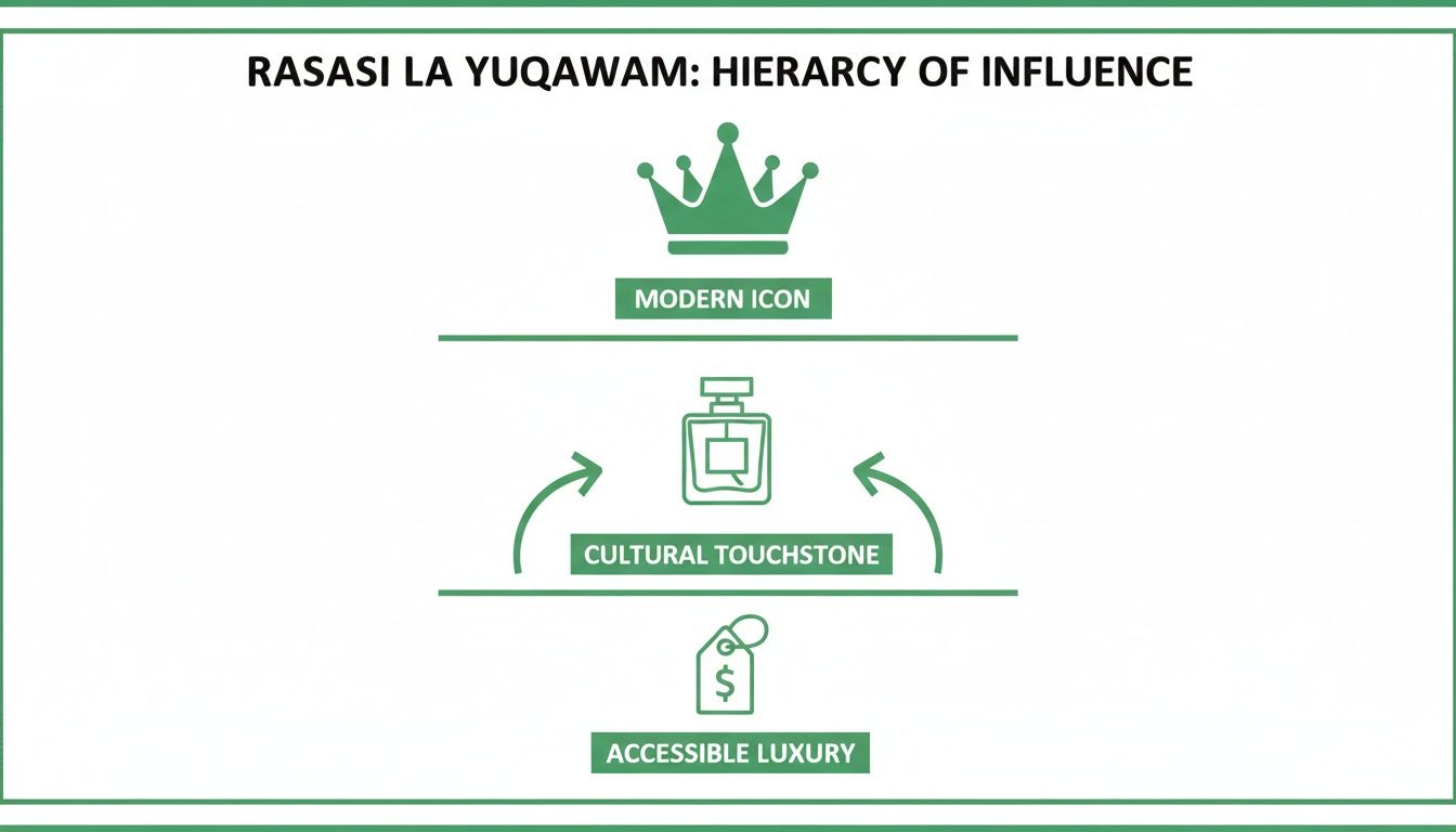 A green diagram titled 'Rasasi La Yuqawam: Hierarchy of Influence' depicting product evolution from accessible luxury to modern icon.