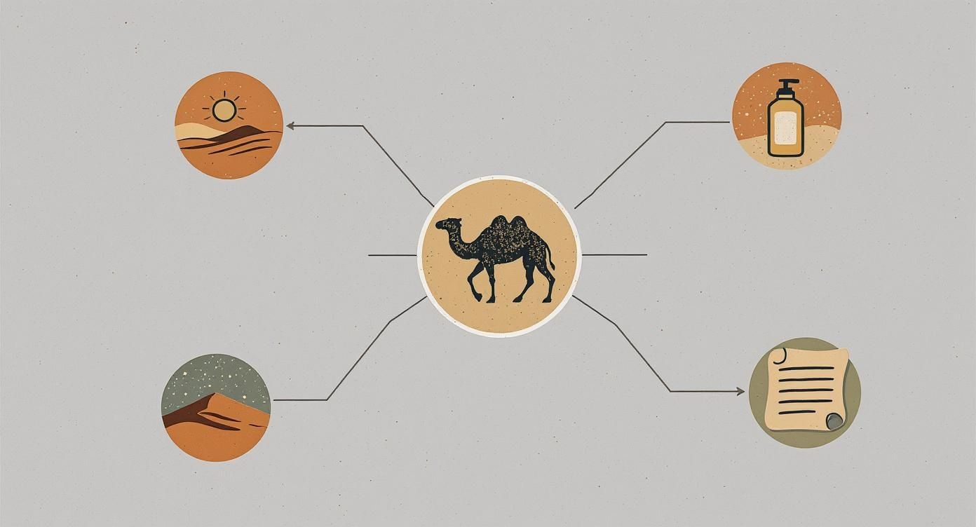 An illustrative diagram with a camel surrounded by desert scenes, a pump bottle, and a scroll.