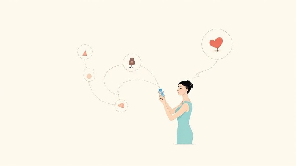 Woman using smartphone exploring health wellness options with heart and organ icons floating above