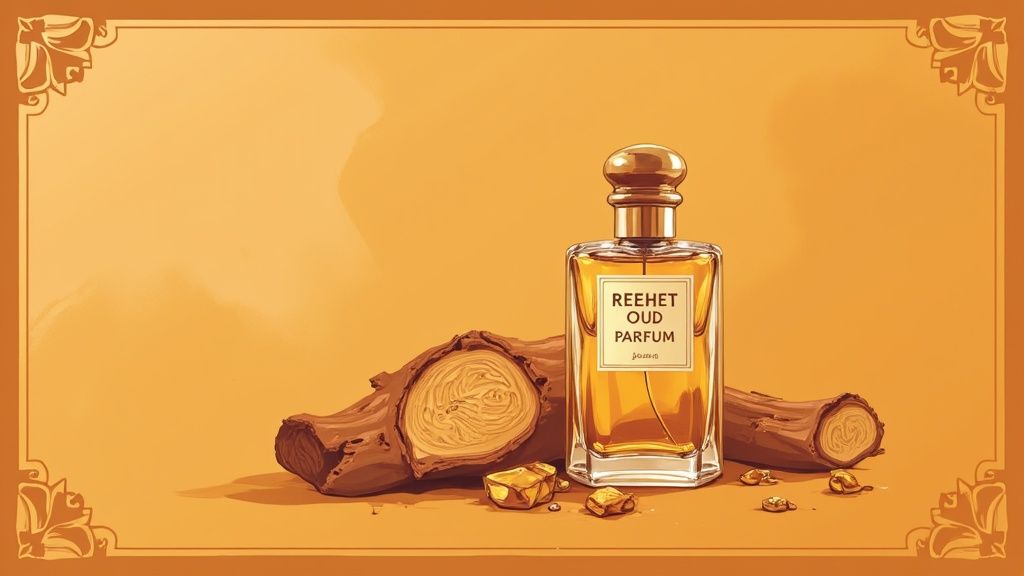 A dark, luxurious bottle of Oud perfume against a rich, textured background.