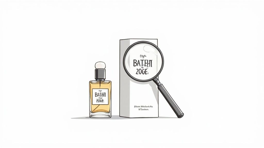 An illustration of a perfume bottle and its box, with a magnifying glass highlighting the brand name.