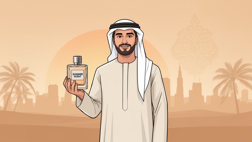 Animated Arab man in traditional dress holds a 'Summer Scent' perfume bottle in a desert city setting.