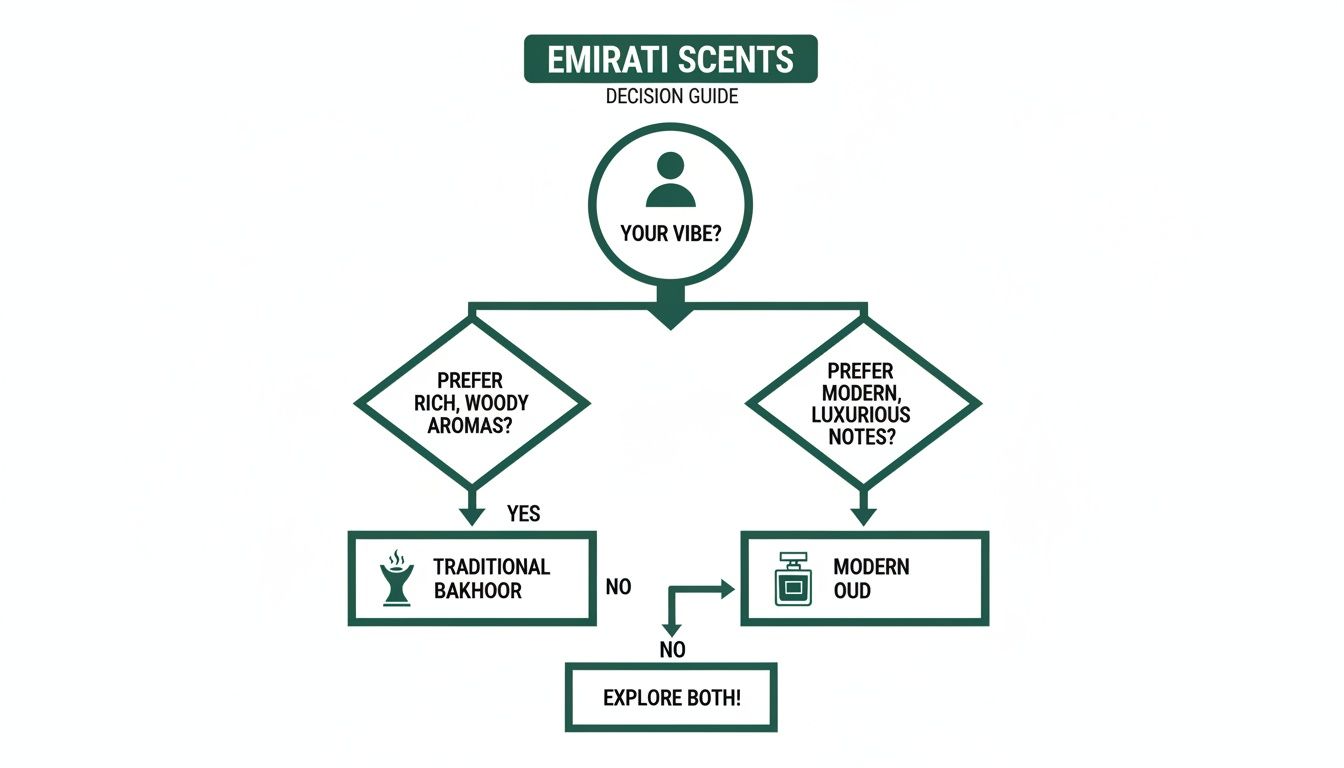 A flowchart decision guide for Emirati Scents, helping choose between traditional bakhoor or modern oud based on aroma preferences.