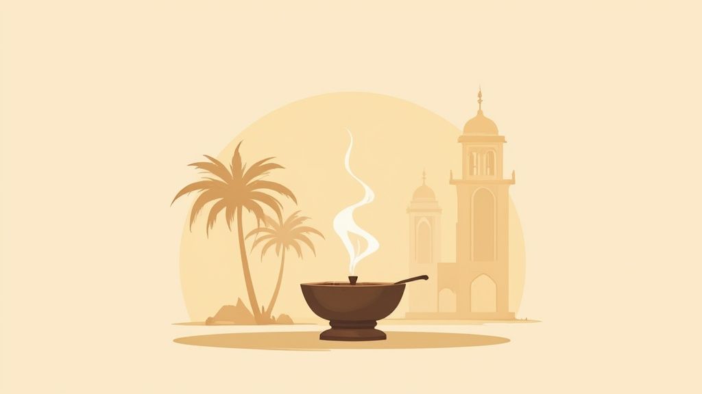 Arabian perfume bowl with steam, palm trees and mosque architecture in desert landscape illustration
