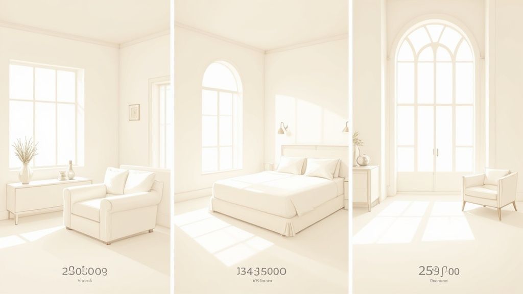 Three bright, minimalist rooms with neutral decor, showcasing modern interior design and natural light.