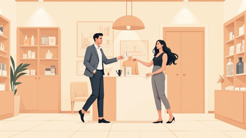 A man and a woman conducting a transaction at a stylish store with shelves of products.