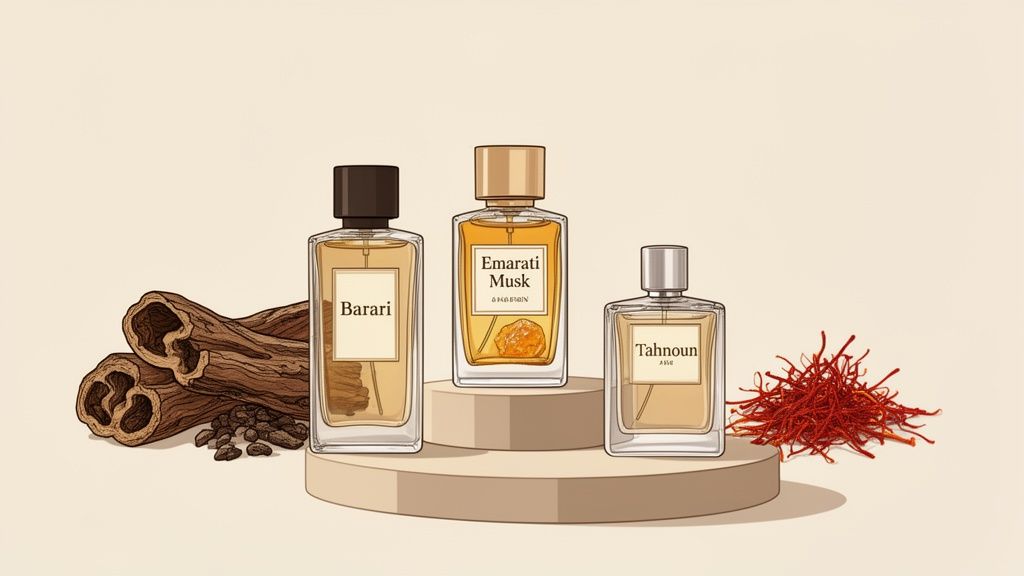 Three elegant perfume bottles labeled Barari, Emirati Musk, Tahnoun with oud wood, spices, and saffron.