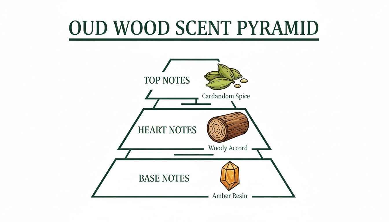 An Oud Wood Scent Pyramid diagram showing Top Notes: Cardamom Spice, Heart Notes: Woody Accord, Base Notes: Amber Resin.
