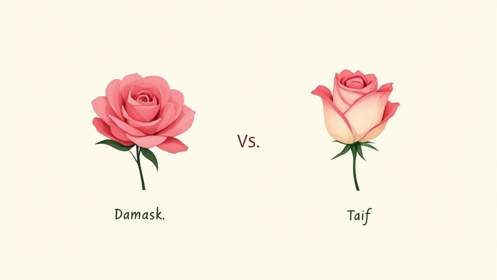 Comparison between Damask rose and Taif rose varieties showing their distinct petal colors and bloom shapes