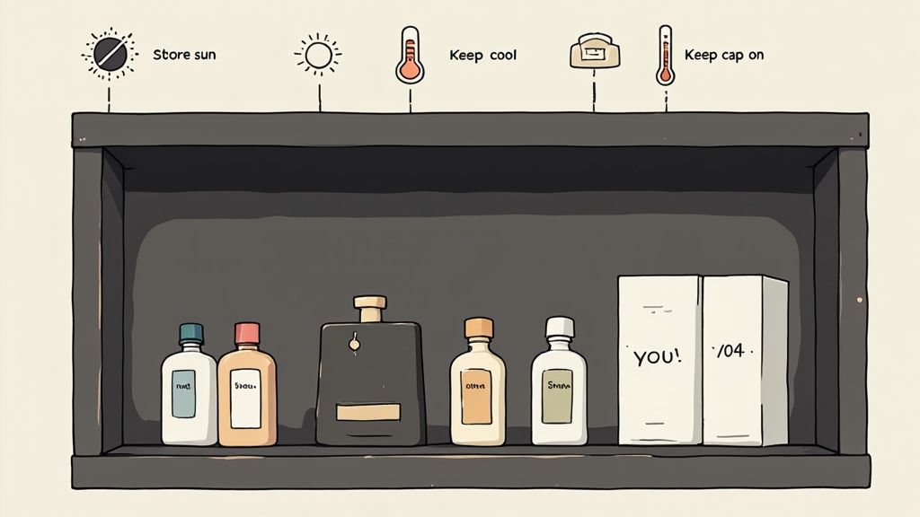 A cartoon shelf displaying perfume bottles and boxes with care instructions.