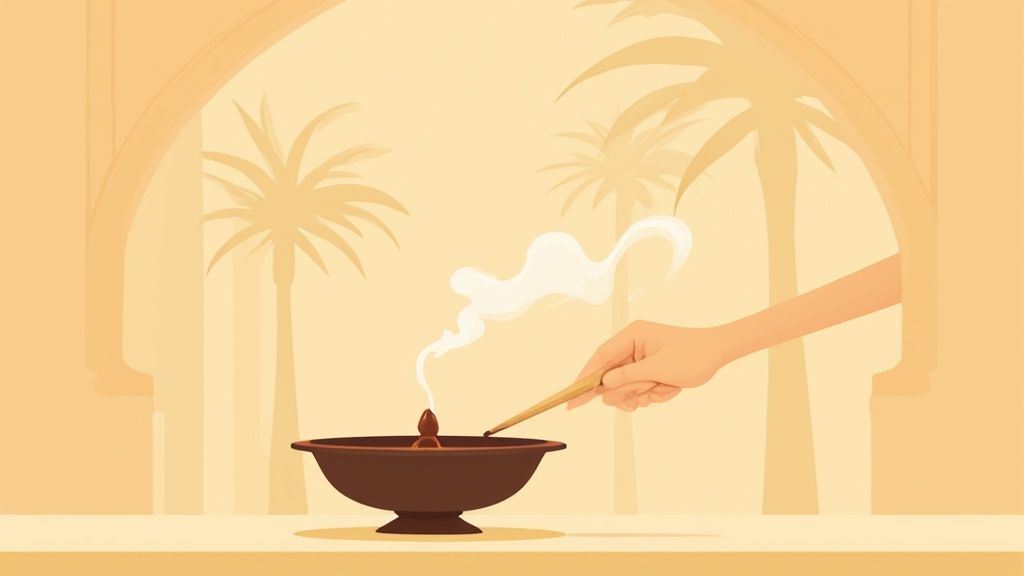 Wooden bowl with sandalwood chips and incense burner