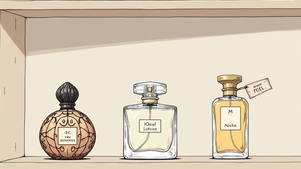 A shelf displays three distinct perfume bottles with various designs and labels, highlighting luxury fragrances.