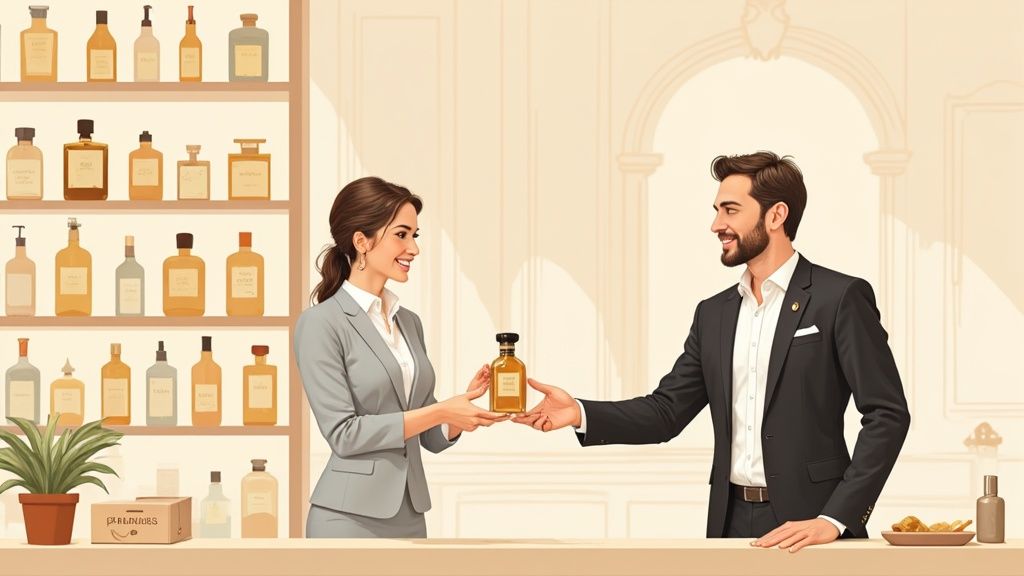 A woman in a suit hands an elegant perfume bottle to a man in a sophisticated store.