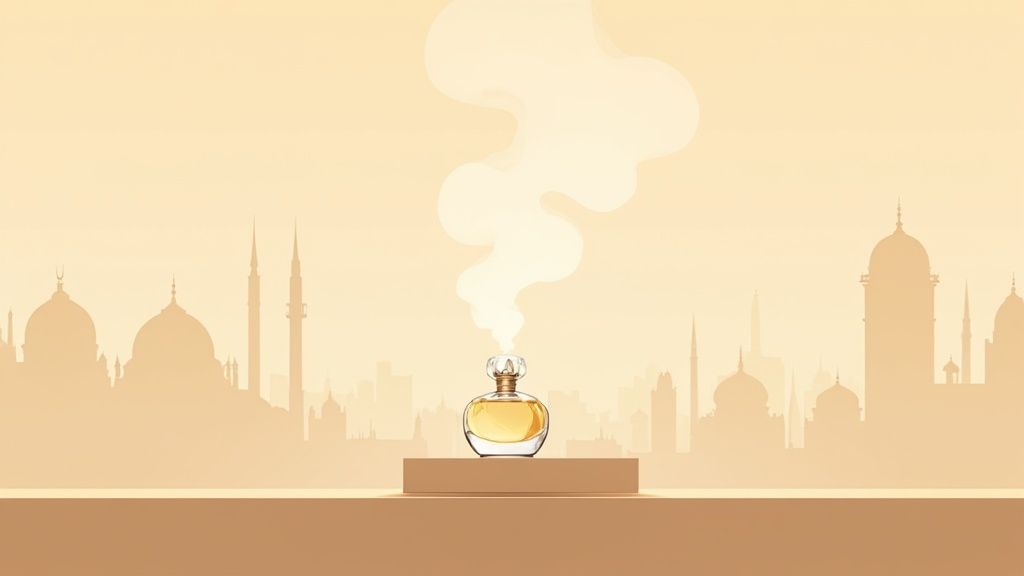 A golden perfume bottle on a pedestal, emitting smoke, against a warm silhouette of a Middle Eastern city.