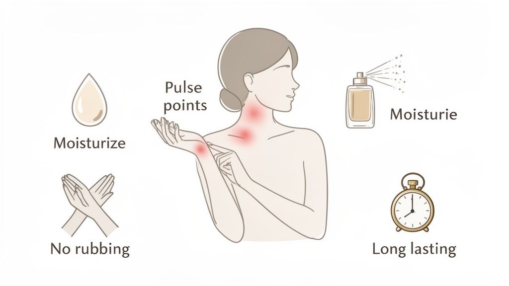 Illustration demonstrating proper perfume application: moisturize, apply to pulse points, avoid rubbing for long-lasting fragrance.