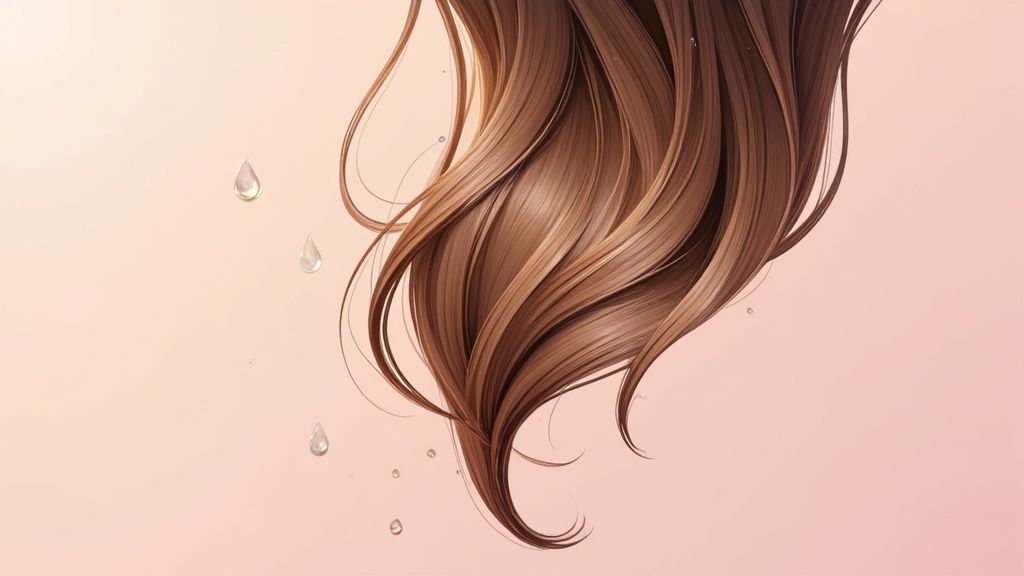A luxurious oil being gently applied to healthy, shiny hair strands.
