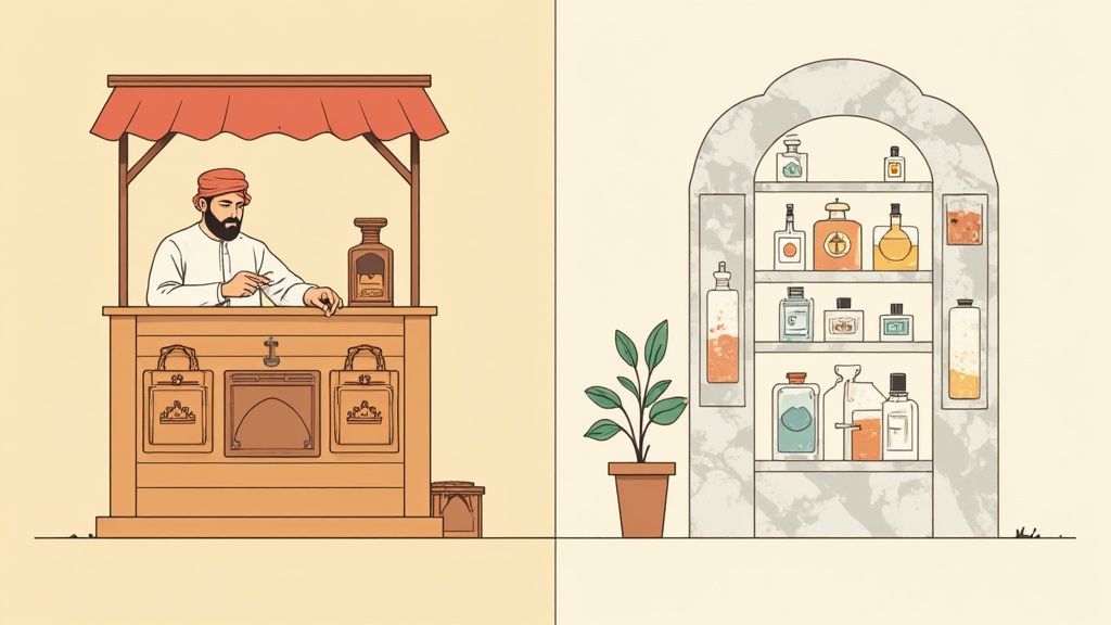 Traditional oud perfume bottles arranged beautifully in a Dubai souk.