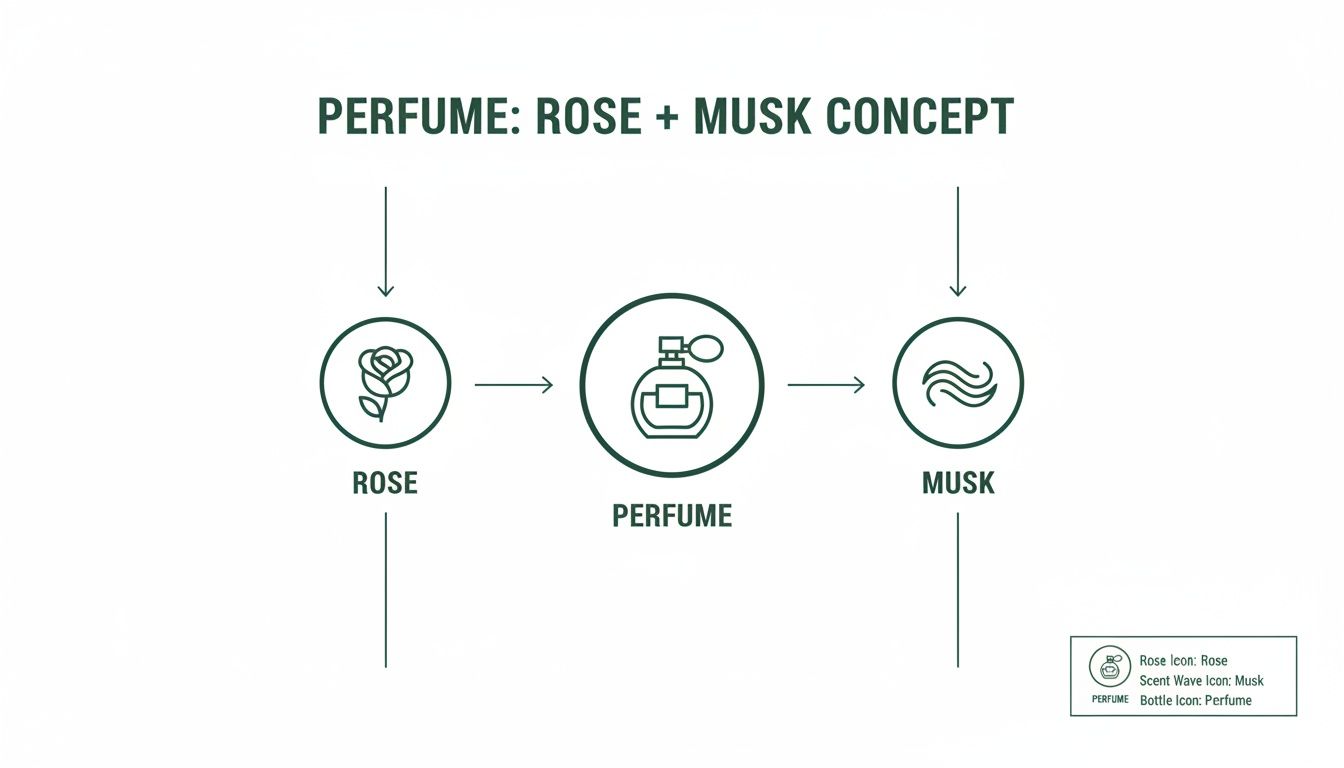 Diagram illustrating the concept of perfume combining rose and musk, with icons for each.