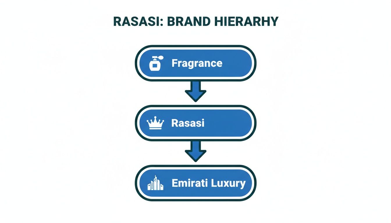 A blue and white flowchart illustrating Rasasi's brand hierarchy from Fragrance to Emirati Luxury.