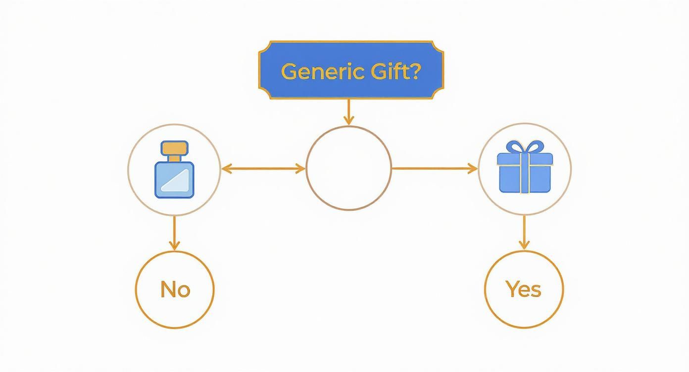 A flowchart asks 'Generic Gift?', showing choices: a perfume bottle for 'No' and a gift box for 'Yes'.