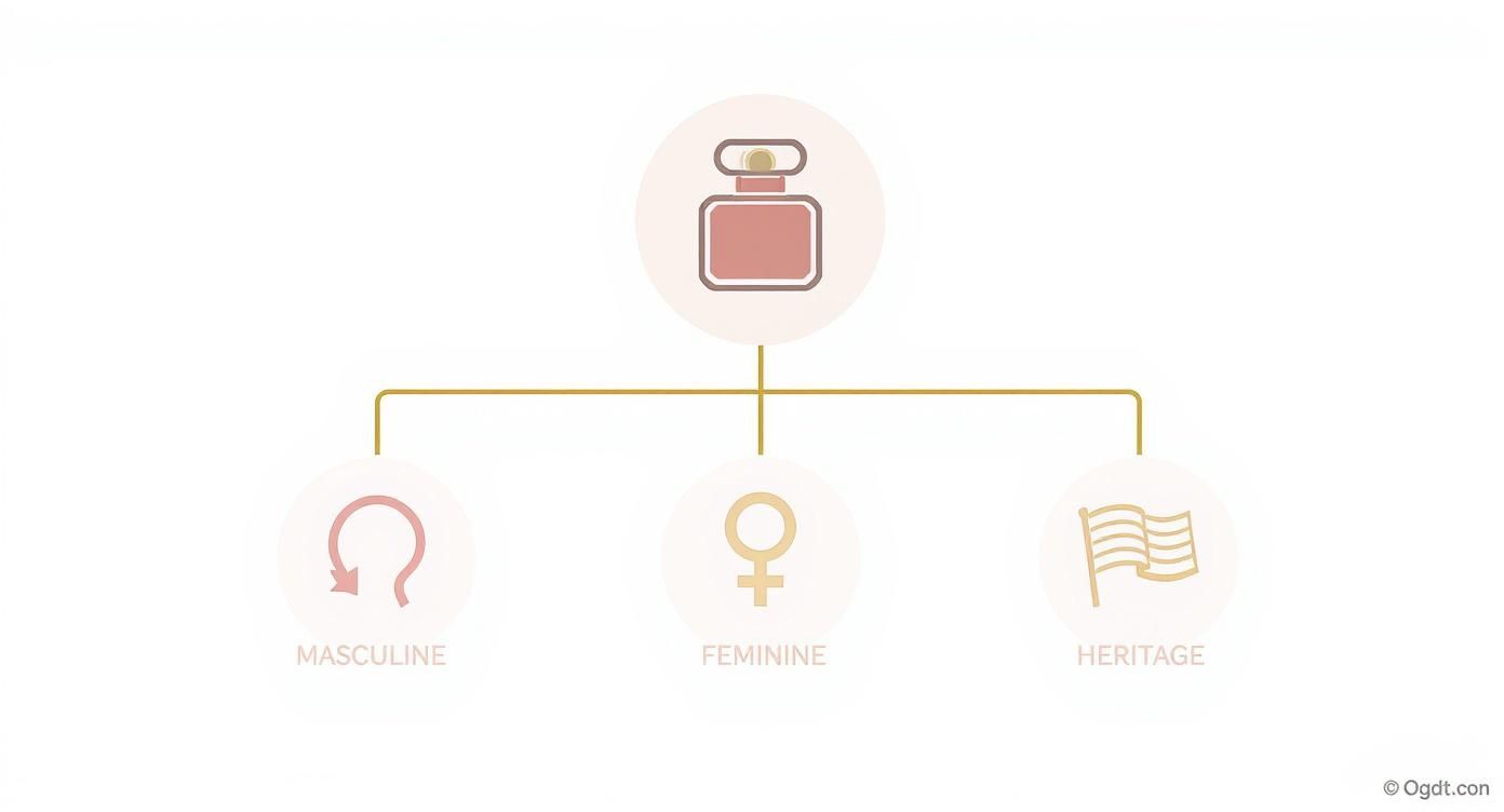 A diagram showing a perfume bottle icon connected to masculine, feminine, and heritage categories.
