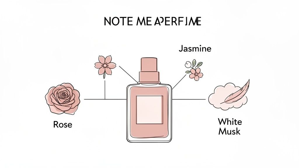 An illustration of a pink perfume bottle surrounded by its floral and musk notes: Rose, Jasmine, and White Musk.
