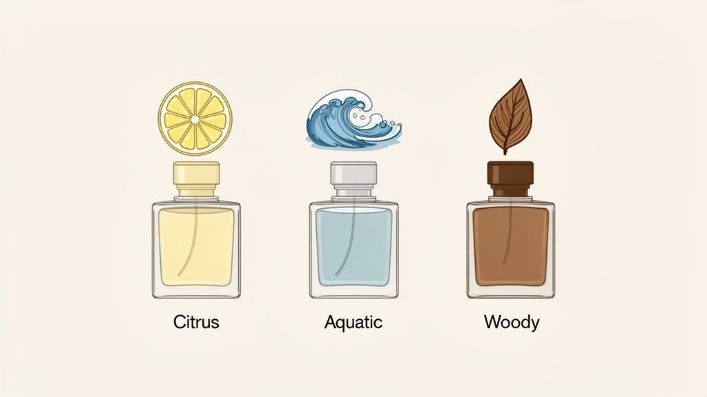 Three perfume bottles illustrating citrus, aquatic, and woody fragrance types with their characteristic icons.