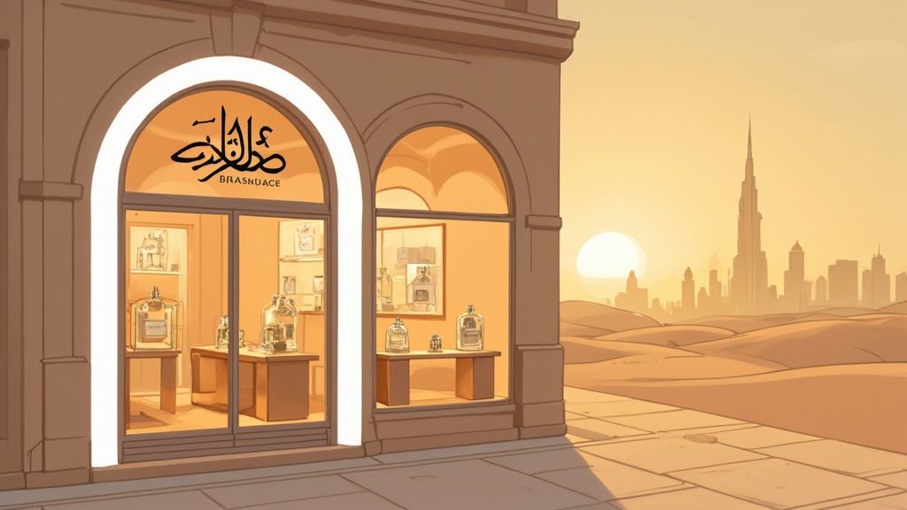 A storefront with perfume bottles, Arabic calligraphy and 'BRASHUACE' text, set against a Dubai desert city skyline at sunset.