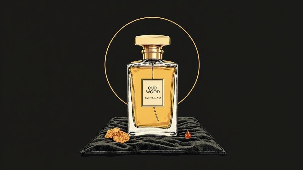Elegant OUD WOOD perfume bottle with golden cap on a black cushion, surrounded by oud resin.