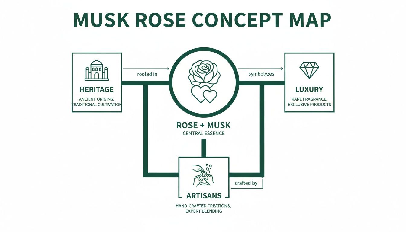 A concept map illustrating the essence of Musk Rose, connecting it to heritage, luxury, and artisans.